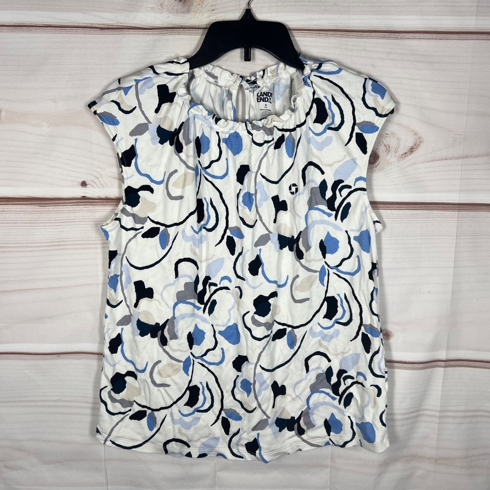 Lands‎ End Top Womens Small Blue Printed Blouse Cap Sleeve Elastic Neck Knit
